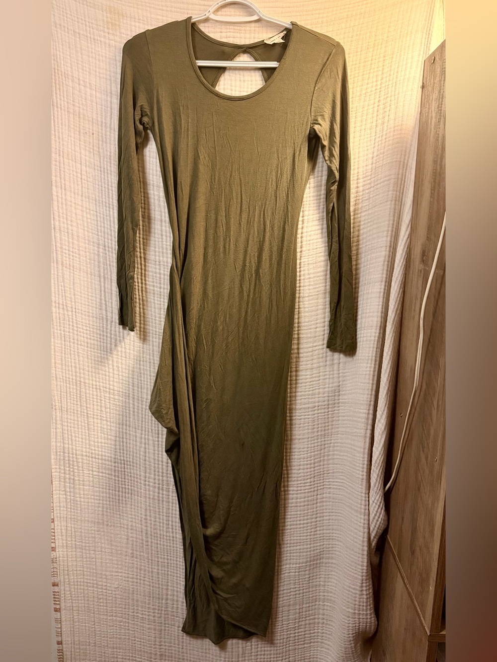Silence+Noise asymmetrical Olive green Key hole back maxi dress size XS slit. -J